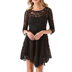 Free People Black Boho Sheer Floral Lace Dress Black Size 2 Wedding Event‎